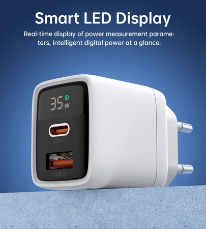 Choetech PD6052 USB-C USB-A PD 35W GaN wall charger with display - white