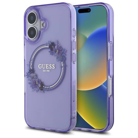 Original Handyhülle IPHONE 16 Guess Hardcase IML Flowers Wreath MagSafe (GUHMP16SHFWFCU) violett