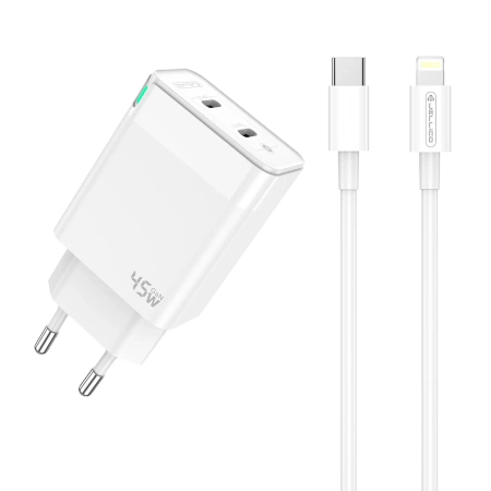 JELLICO ładowarka sieciowa C106 GaN PD 45W 2xUSB-C + kabel USB-C - Lightning Biały