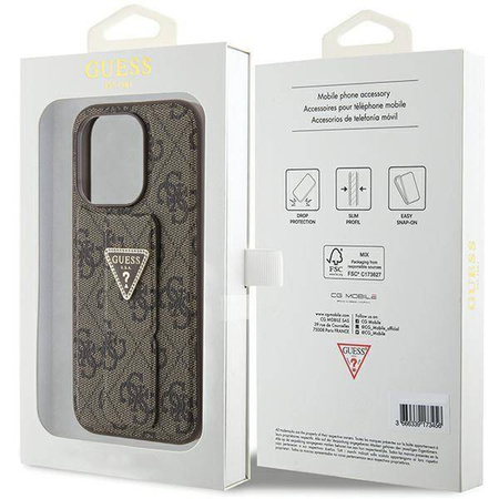 Etui Guess Grip Stand 4G Triangle Strass na iPhone 15 Pro Max - brązowe