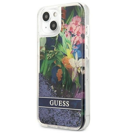 Guess GUHCP13SLFLSB iPhone 13 mini 5,4 &quot;blau / blaues Hardcase Flower Liquid Glitter