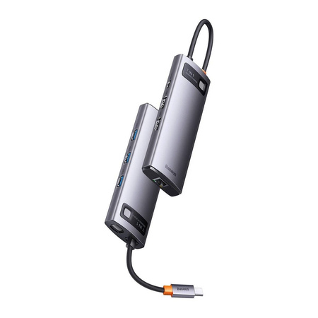 Baseus Metal Gleam Series stacja dokująca HUB 7 w 1 USB Typ C - 2 x HDMI /  3 x USB 3.2 Gen. 1 / 1 x Power Delivery / 1 x RJ-45 Ethernet szary (WKWG040113)
