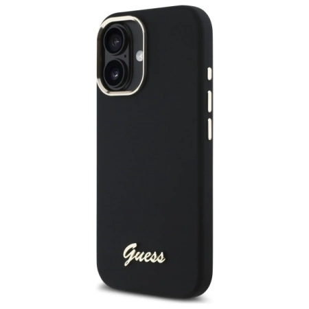 Guess Silikonhülle mit Metalllogo und Rahmen für iPhone 16 Plus – Schwarz