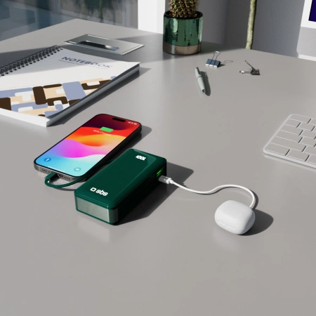 Powerbank SBS 10000 mAh 20W mit integriertem USB-C-Kabel und Digitalanzeige - grün