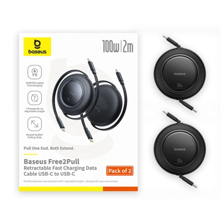 Kabel zwijany Baseus Free2Pull 100W USB-C - USB-C 2m (2 szt.) - czarny