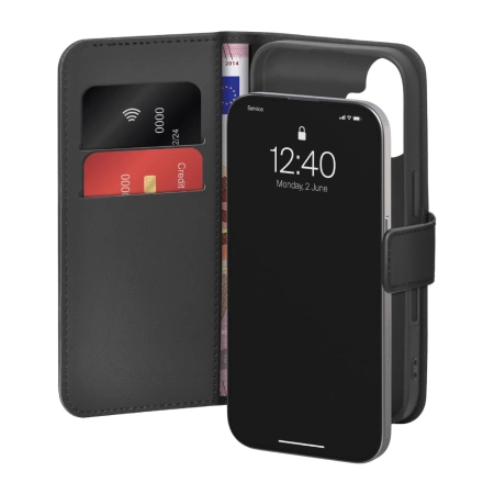 Puro Wallet Stand Case für iPhone 17 aus Öko-Leder, mit Klappe, Brieftaschen- und Standfunktion - Schwarz