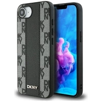 DKNY Leder Kariertes Monomuster MagSafe iPhone 16e Hülle - Schwarz