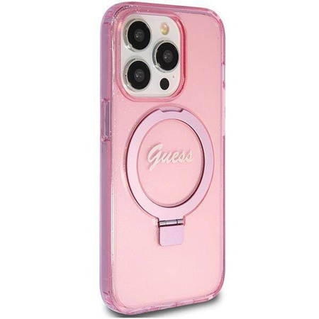 Guess Ring Stand Script Glitter MagSafe-Hülle für iPhone 15 Pro – Rosa