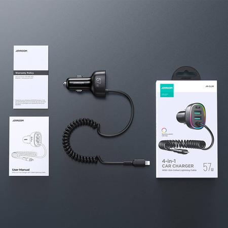 Joyroom 4-in-1-Auto-Schnellladegerät PD, QC3.0, AFC, FCP mit 1,6 m langem 57-W- Lightning -Kabel, schwarz (JR-CL20)