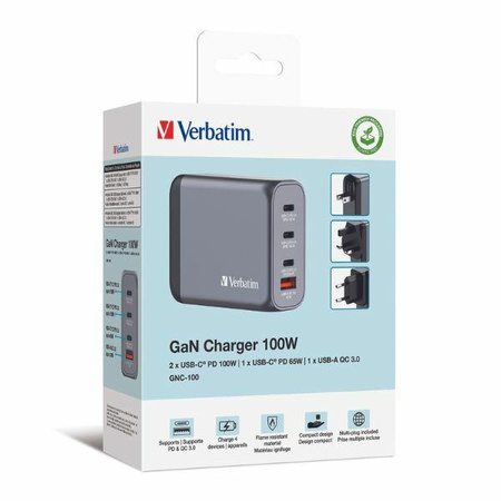 Verbatim Ładowarka sieciowa GaN 100W 3xUSB-C/USB-A + Adapter EU/UK/US GNC-100 32202