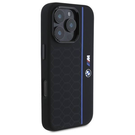 Original Handyhülle IPHONE 16 PRO MAX BMW Hardcase Silicone Hexagon Blue Line MagSafe (BMHMP16X23SHEB) schwarz