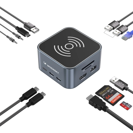 Hub USB-C 12 in 1 Wozinsky WHBC09Y8S multifunktional, mit kabelloser Ladefunktion, Aluminium, mit 15 cm Kabel - grau