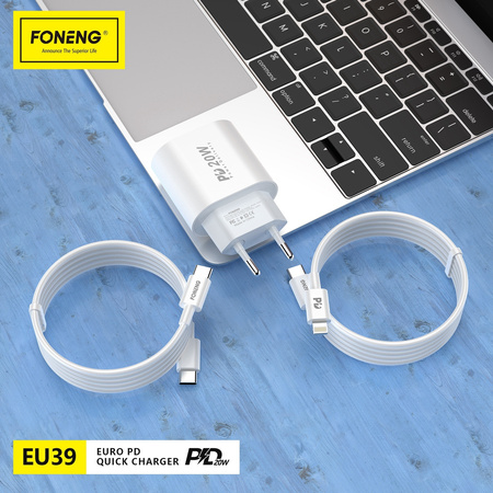 Foneng Ładowarka sieciowa EU39 - Typ C - PD 20W 3A z kablem Typ C na Typ C biała