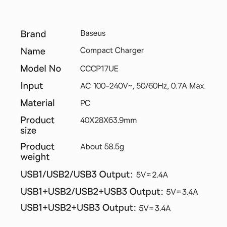 Baseus Compact Ladegerät 3x USB 17W schwarz (CCXJ020101)