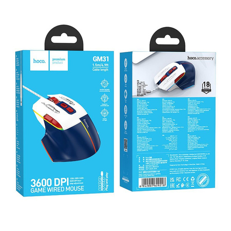 HOCO mysz komputerowa gamingowa przewodowa USB A 3600DPI GM31 biało niebieska