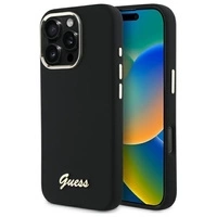 Guess Silikonhülle mit Metalllogo und Rahmen für iPhone 16 Pro – Schwarz