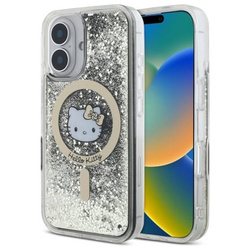 Original Handyhülle IPHONE 16 Hello Kitty Hardcase Liquid Glitter Fever MagSafe (HKHMP16SLGDIK) Schwarz und Golden
