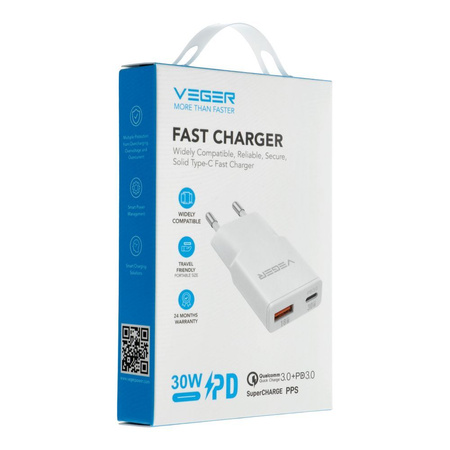 VEGER ładowarka sieciowa USB A + USB C QC PD 30W 30W1A1C biała