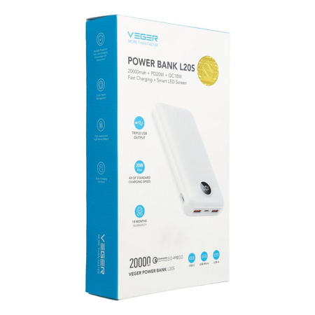 Bateria zewnętrzna (Powerbank) VEGER L20S - 20 000mAh LCD Quick Charge PD 20W biały (VP2039PD  / W2039PD )