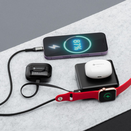 Wielofunkcyjna ładowarka Forcell F-Energy 6w1 USB A + USB C PD 45W + power bank 15000 mAh + ładowanie bezprzewodowe 15W czarna