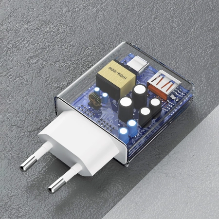 GaN Dudao A30EUL 30W USB-A / USB-C Wall Charger + USB-C - Lightning Cable - White