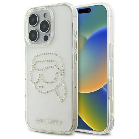 Original Handyhülle IPHONE 16 PRO MAX Karl Lagerfeld Hardcase IML Rhinestones Karl Head (KLHCP16XHKHDCELT) transparent