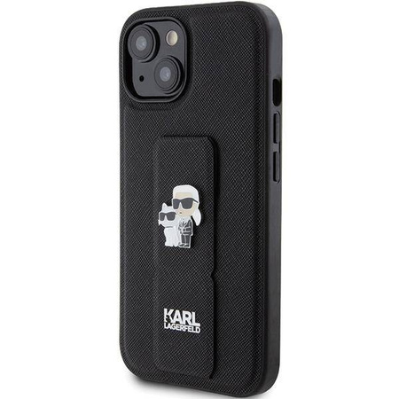 Karl Lagerfeld Gripstand Saffiano Karl&Choupette Pins Hülle für iPhone 15 Plus / 14 Plus – Schwarz