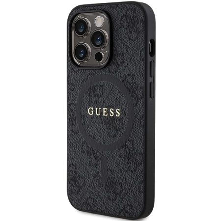 Guess 4G Collection MagSafe-Hülle aus Leder und Metalllogo für iPhone 14 Pro Max – Schwarz