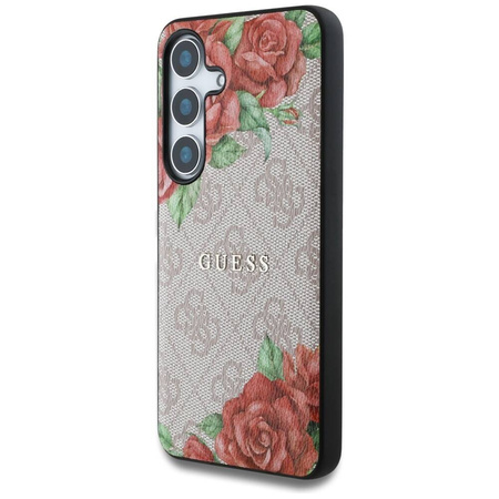 Oryginalne Etui SAMSUNG GALAXY S25 Guess Leather 4G Flowers Print Metal Classic Logo MagSafe różowe