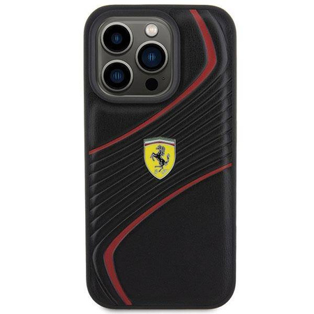 Ferrari Twist Metal Logo Hülle für iPhone 15 Pro – Schwarz
