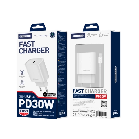 JELLICO wall charger EU53 PD 30W 1xUSB-C + cable USB-C - USB-C White