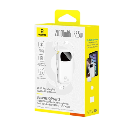 Baseus EnerFill FC31 20000mAh 22.5W Powerbank with Digital Display and 2 Built-in Cables (USB-C + Lightning) - White