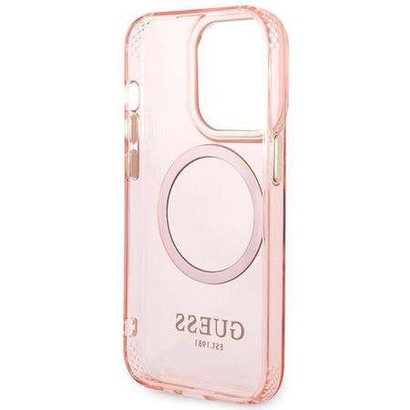 Original Case IPHONE 14 PRO MAX Guess Hard Case Gold Outline Translucent MagSafe (GUHMP14XHTCMP) pink