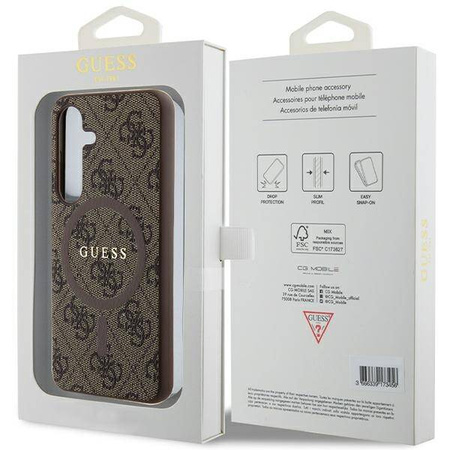 Guess 4G Collection Leder Metall Logo MagSafe Hülle für Samsung Galaxy S24 – Braun