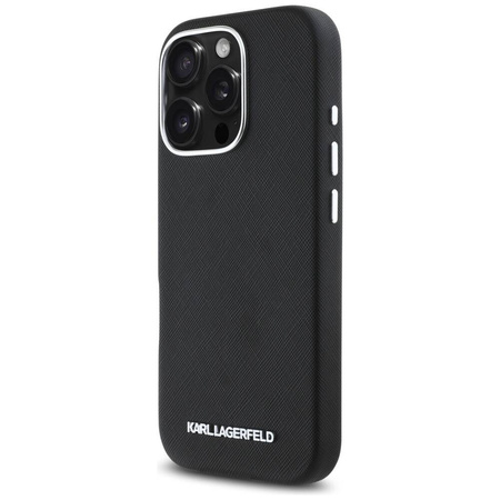 Original Handyhülle IPHONE 16 PRO MAX Karl Lagerfeld Saffiano Full Wrapped Elongated Metal Logo MagSafe schwarz