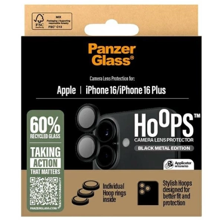 Szkło hartowane PanzerGlass Hoops Black Lens Protector na aparat do iPhone 16 / 16 Plus