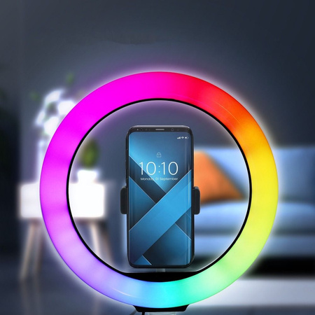 Lampa LED Ring Stream RGB pierścieniowa 12 cali FULL COLOR z uchwytem na telefon + statyw