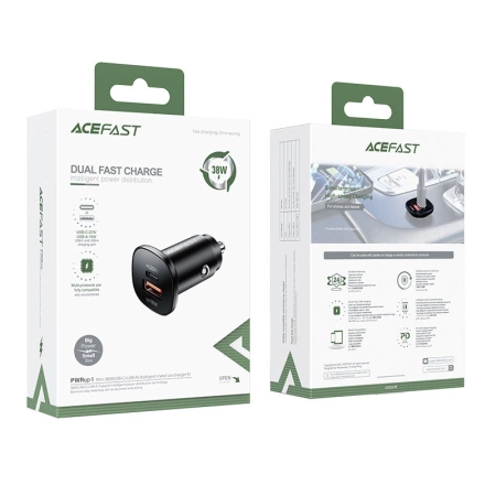 Acefast Autoladegerät 38W USB Typ C / USB, PPS, Power Delivery, Quick Charge 3.0, AFC, FCP schwarz (B1 schwarz)