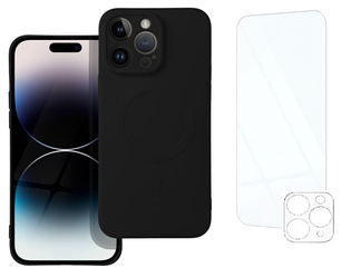 Etui do iPhone 14 Pro Max czarne MagSafe + Szkło na ekran + Szkło na aparat