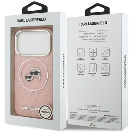 Karl Lagerfeld nakładka Magsafe IML glitter case metal camera frame and buttons Karl and Choupette heads on KL repeated logo do iPhone 17 Pro różowa
