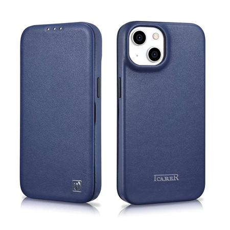 iCarer CE Premium Leather Folio Case skórzane etui iPhone 14 Plus z klapką magnetyczne MagSafe niebieski (WMI14220715-BU)