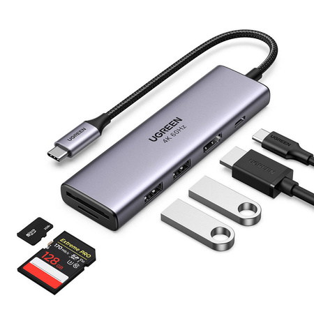 Ugreen 6w1 wielofunkcyjny HUB USB Typ C - 2x USB 3.2 Gen 1 / HDMI 4K 60Hz / czytnik kart SD i TF / USB Typ C PD 100W szary (60384 CM511)