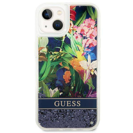 Schutzhülle IPHONE 14 Guess Hardcase Flower Liquid Glitter blau