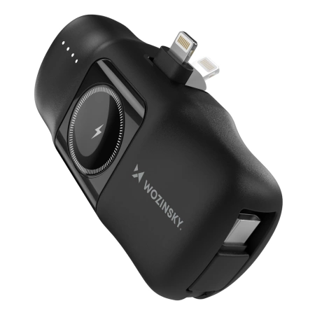 Wozinsky WF16-YLS 5000 mAh 15 W Lightning Mini-Powerbank mit integriertem USB-C-Kabel und Apple Watch Ladegerät – Schwarz