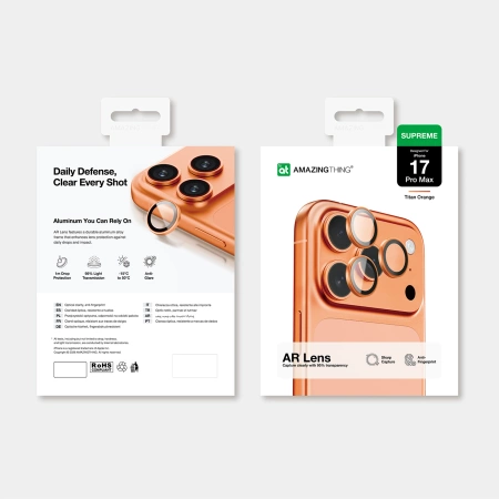 AmazingThing Kameraglasschutz für iPhone 17 Pro / Pro Max – mit orangefarbenem Rahmen