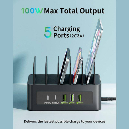 ŁAD SIEC T-PHOX POWERHUB DUAL PORT 100W 2xUSB-C/3xUSB STACJA DOKUJĄCA BLACK