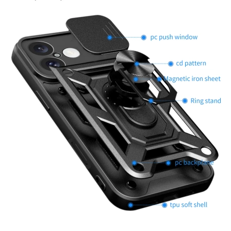 Hybrid Armor Camshield iPhone 16 Plus Panzerhülle mit Kameraabdeckung und Ständer – Schwarz