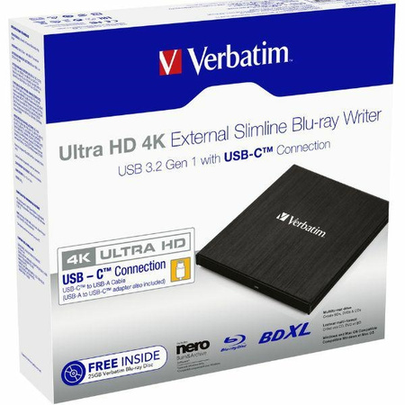 Verbatim Zewnętrzna nagrywarka Slimline Blu-ray Ultra HD 4K + kabel USB-C/USB-A czarny/black 43888