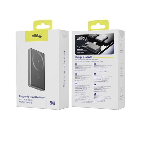 Allity power bank bezprzewodowy APB-300 PD QC 20W 10000 mAh szary magnetyczny