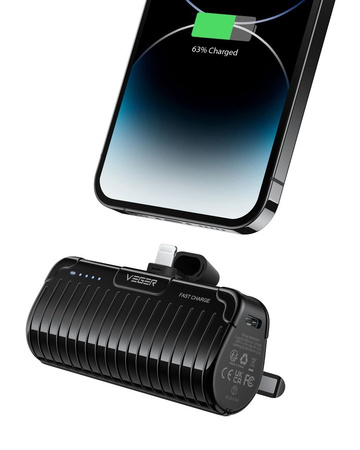 VEGER powerbank 5000 mAh z wbudowanym złączem Lightning PlugOn PD QC3.0 2,4A 20W W0558P czarny